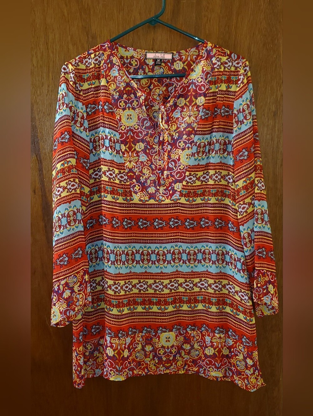Olive Hill Bohemian Semi Sheer Multi-Stripe V-Neck Tunic Top Sz Medium